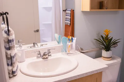 Bathroom vanity with sink, mirror, towels and potted flowers