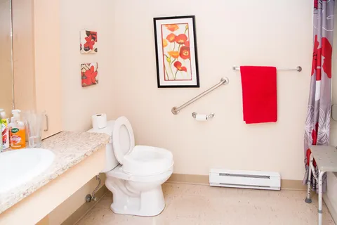 Bathroom with a toilet, washbasin, grab rails and red towel