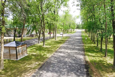 Tree-lined paved driveway with lawns and a gazebo