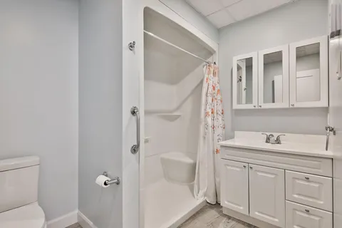 Bathroom with a shower, grab bars, white vanity and mirrored cabinet