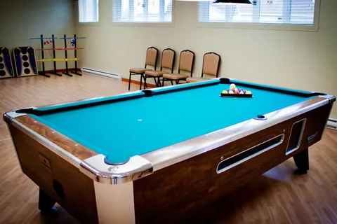 Games room with a pool table and chairs along the wall.