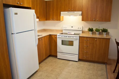 Apartment kitchen with wooden cupboards, a refrigerator and a stove.