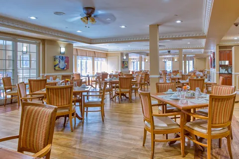 Dining room with wooden tables and chairs beside large windows
