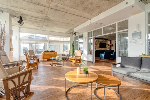 Sunny room with sofas, wooden chairs, round tables and tall windows