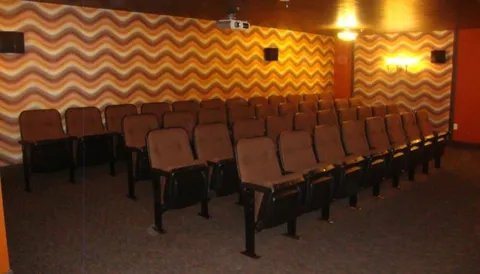 Rows of brown theatre seats beneath a ceiling projector