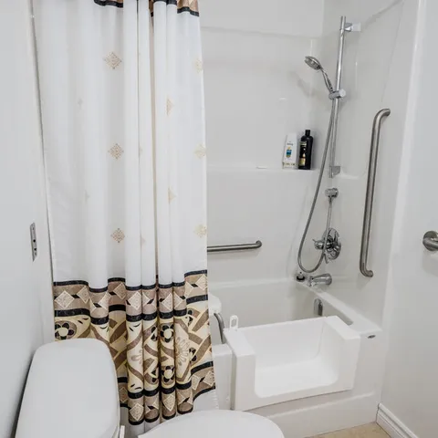 Bathroom with a bathtub, shower, grab bars and patterned curtain