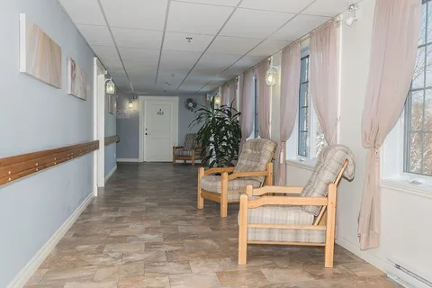Hallway with pink curtains, armchairs and a potted plant beside windows