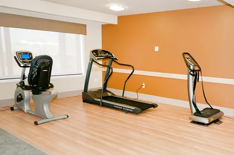 Fitness room with a treadmill, recumbent exercise machine and standing exercise platform.