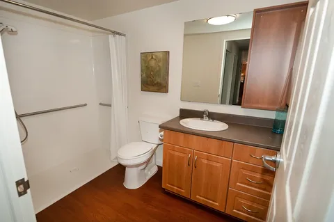 Bathroom with a toilet, shower curtain, vanity and mirror.