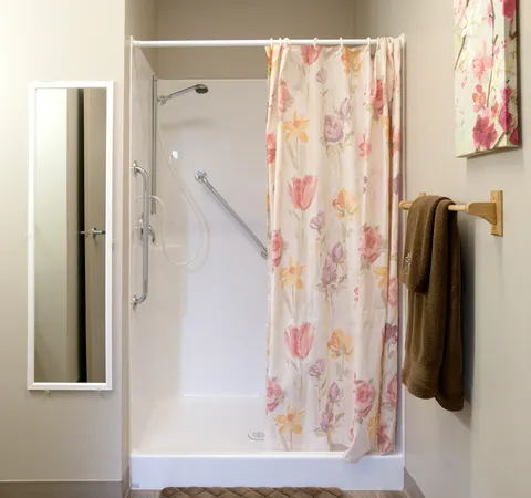 Suite bathroom with a walk-in shower and patterned shower curtain.