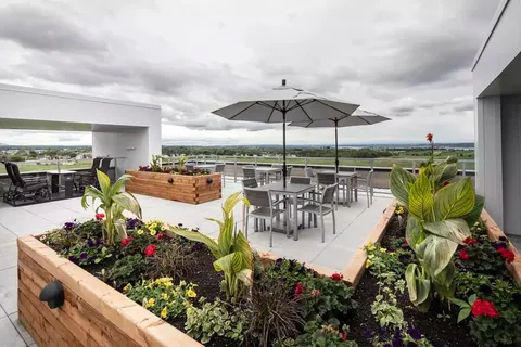 Rooftop terrace with tables, an umbrella and raised flower beds
