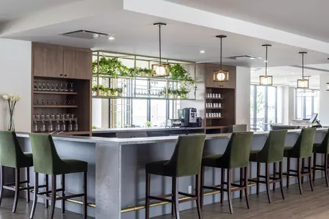 Counter with green stools, glassware and potted plants