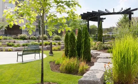 Courtyard garden with benches, planted borders and a pergola.