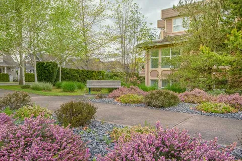 Garden path and bench surrounded by flowering shrubs and trees.