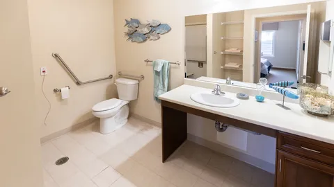 Bathroom with a shower, toilet, vanity and wall mirrors