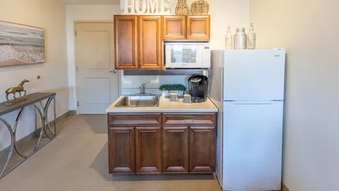 Kitchenette with wooden cabinets, microwave and white refrigerator