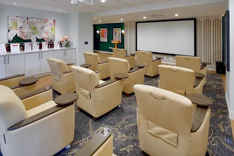 Cinema room with armchairs facing a projection screen