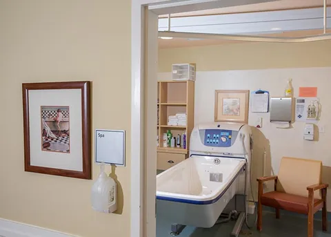 Bathing room with an accessible tub and wall-mounted equipment.