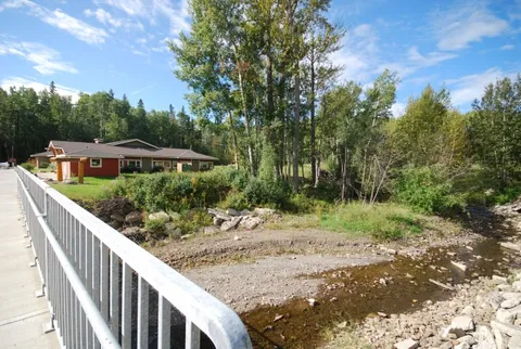 Stream and trees beside the residence walkway and railing.