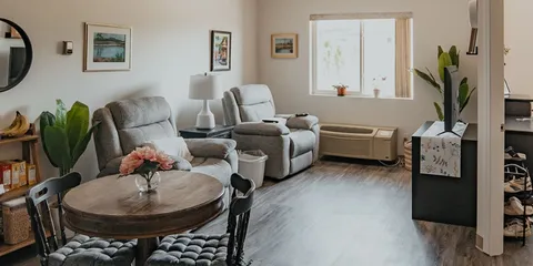 Suite with armchairs, a small round table and bookcase.