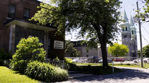 Residence entrance beside a large shade tree, shrubs and a sidewalk