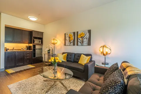 Sitting area with a grey sofa, armchair, glass table and dark kitchen cupboards