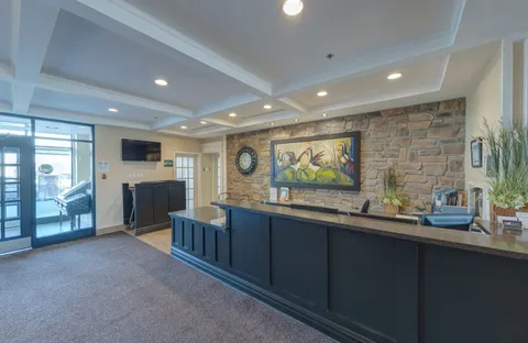 Reception desk beside glass entrance doors and a stone wall with bird artwork
