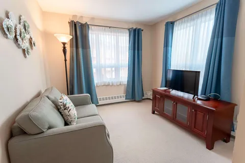 Sitting area with a sofa, television cabinet and two curtained windows
