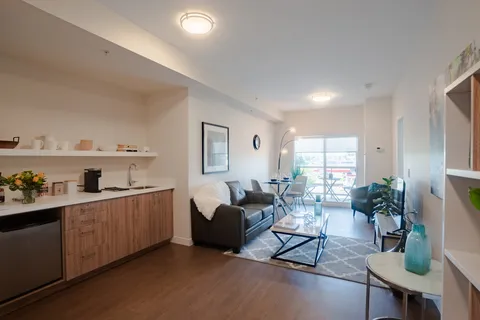 Sitting area and kitchenette with a sofa, chairs and a glass table