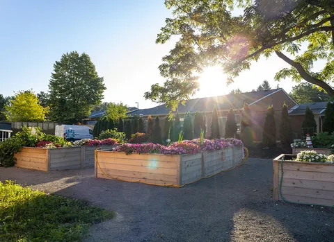 Raised flower beds and paved paths in a courtyard beside the residence