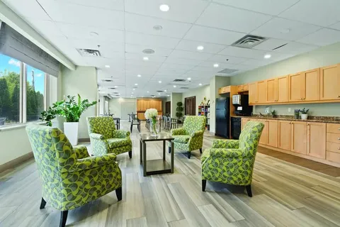 Room with green-patterned armchairs beside a long kitchenette