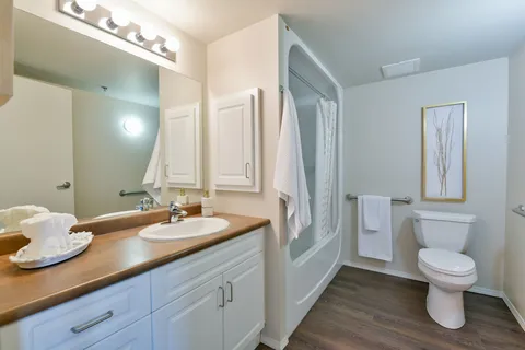 Bathroom with a sink, vanity mirror, toilet and shower