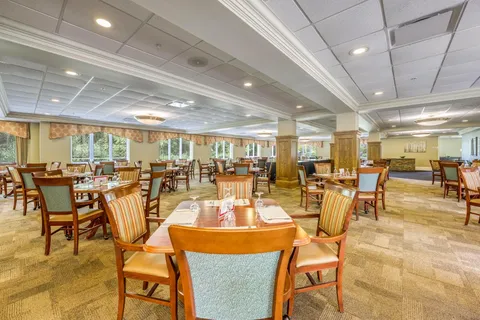 Dining room with wooden tables, upholstered chairs and large windows