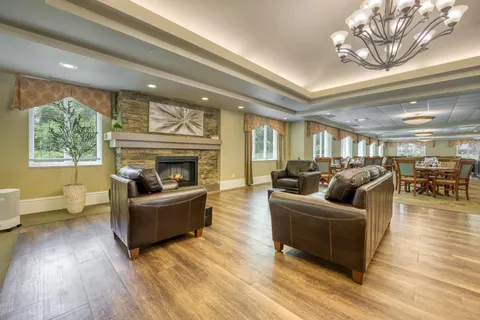 Room with armchairs, a fireplace and large windows