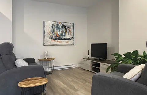 Apartment living area with armchairs and a television.