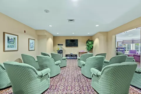 Television room with green armchairs, landscape pictures and a blank screen