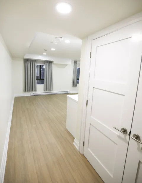 Unfurnished room with light wood flooring and white double doors