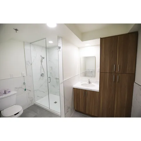 Bathroom with a glass shower enclosure and a wooden cabinet