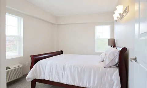 Bedroom with a white bedspread, windows and a wood bed frame.