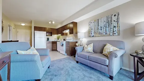 Sitting area with a sofa, armchair and an open kitchen