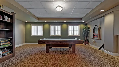 Carpeted room with a pool table, shelving and a cue rack