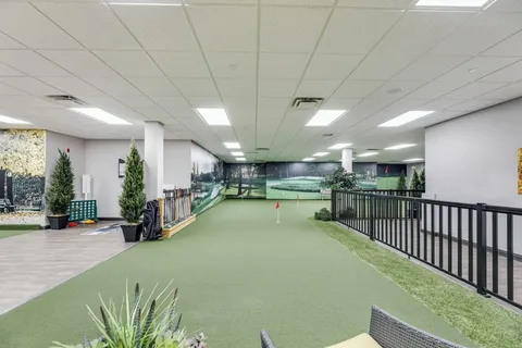 Indoor putting green beside a landscaped wall mural