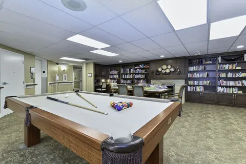 Billiards table beside shelves of books and a kitchenette.