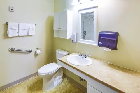 Bathroom with a toilet, sink, mirror and handrails