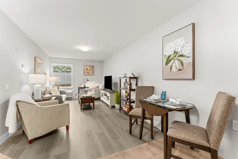 Sitting and dining area with armchairs, a sofa and a television