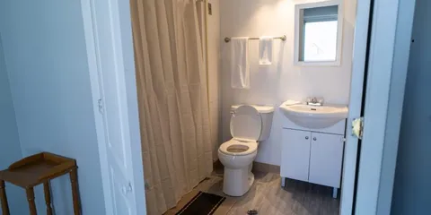 Bathroom with a toilet, shower curtain and white washbasin