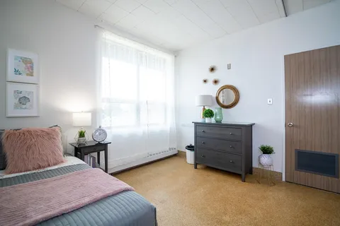 Bedroom with a bed, pink cushions, a dark dresser and a wall mirror
