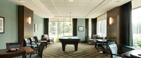 Games room with a pool table, lounge seating and large windows.