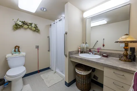 Suite bathroom with accessible shower, toilet and vanity.