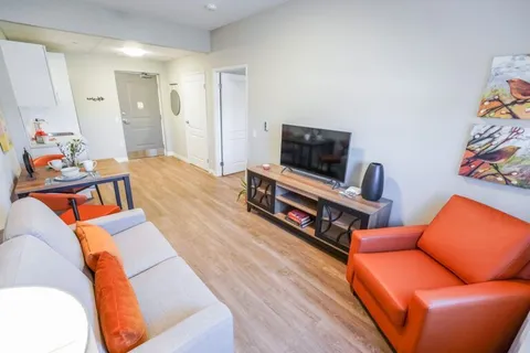 Sitting area with a sofa, orange armchair, television and a kitchenette